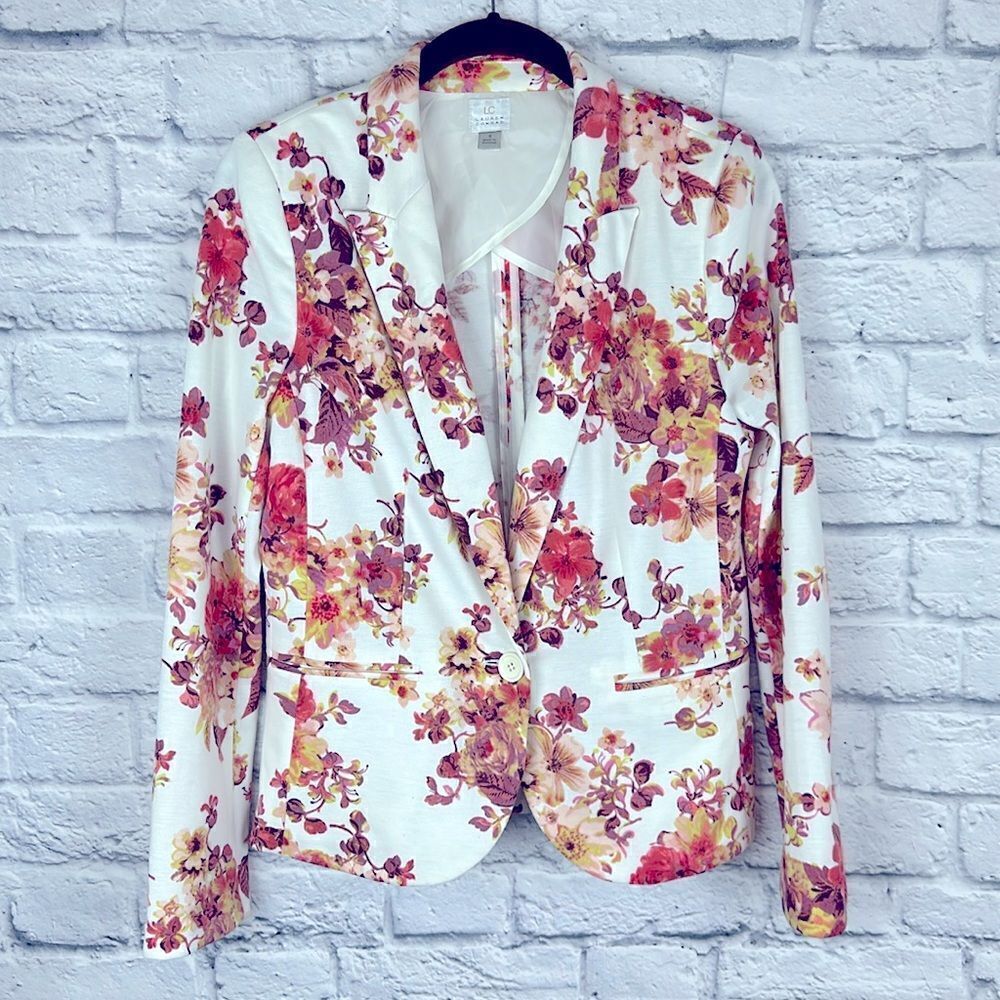 LC Lauren Conrad Women's White Pink Floral Single Button Blazer Size 4